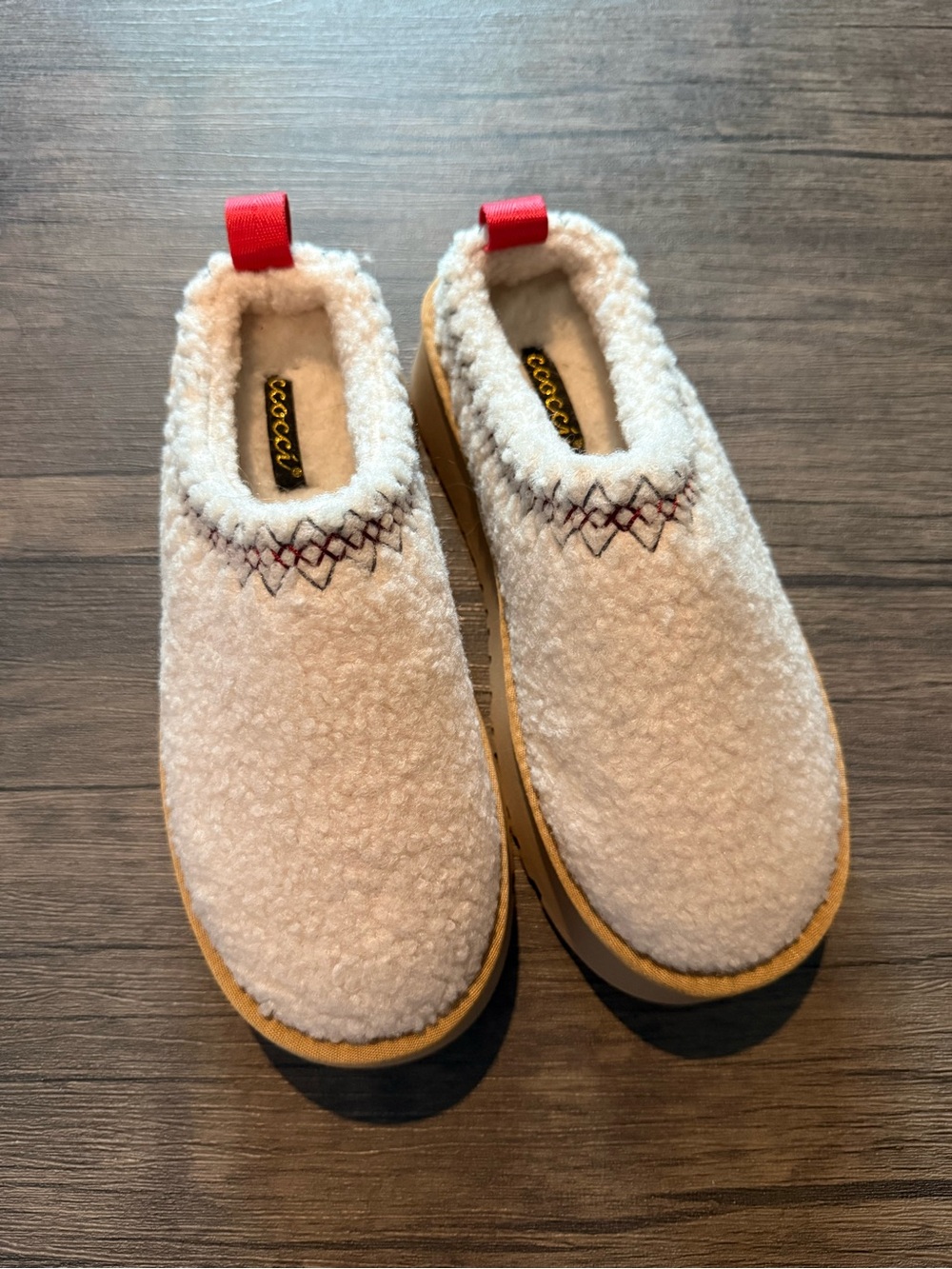 CCOCCI Cream Sherpa Slip-On Mules with Red Pull Tabs